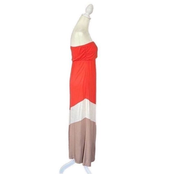 Love Culture Orange & Tan Chevron Color Block Strapless Maxi Summer Dress Medium - Picture 2 of 10